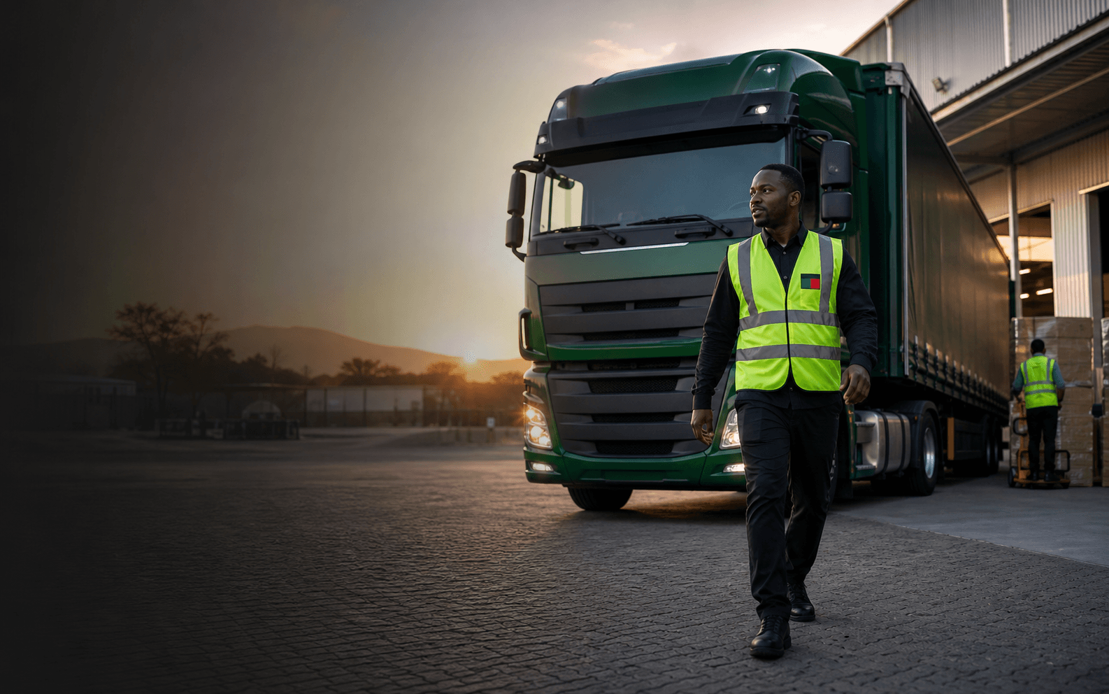 Zambian logistics coordinator walking beside a green freight truck